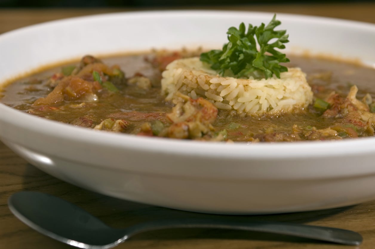 A bowl of gumbo with rice