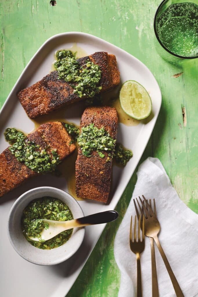 Jerk Salmon with Herb Salsa by Chef Andre Fowles from May Jamaican Table cookbook