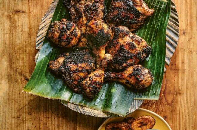 Jerk chicken by Rawlston Williams, featured in The Caribbean Cookbook